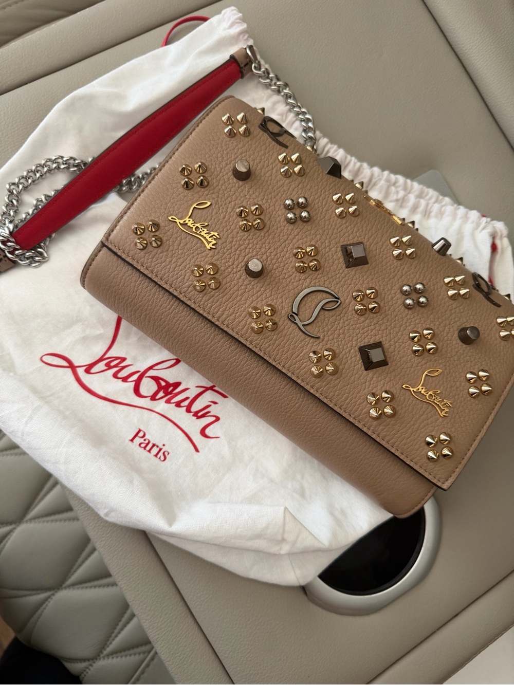 Christian Louboutin Taupe Pebbled Leather Studded Crossbody with Red Strap - Picture 6 of 7